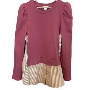 Anthropologie Maeve Layered Mixed Media Puff Sleeve Tunic Sweatshirt Size L Pink